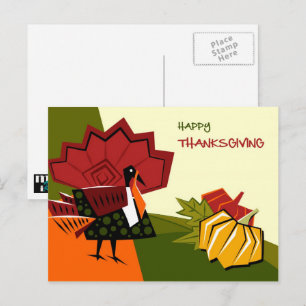Modern Turkey & Pumpkins Thanksgiving Holiday Postcard