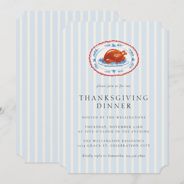 Modern Turkey Stripes Thanksgiving Dinner Invitation (Front/Back)