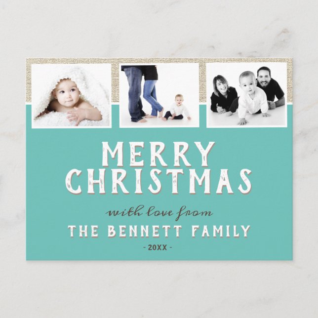 Modern Turquoise 3 Photo Collage Christmas Postcard (Front)