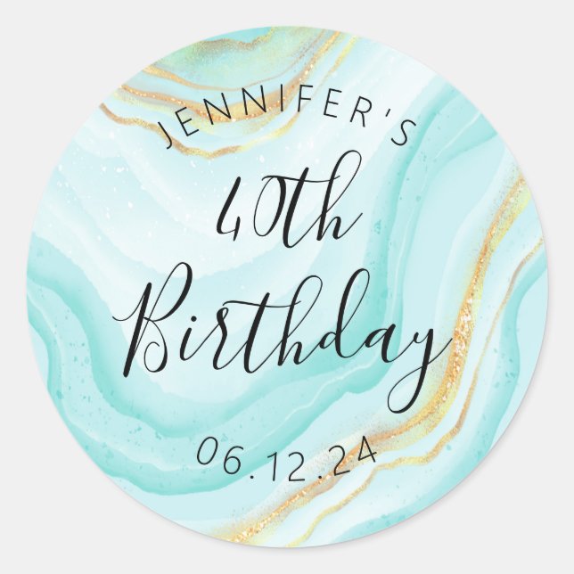 Modern Turquoise 40th Birthday Watercolor Glitter Classic Round Sticker (Front)