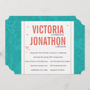 Modern Turquoise and Coral Damask Wedding Invitation