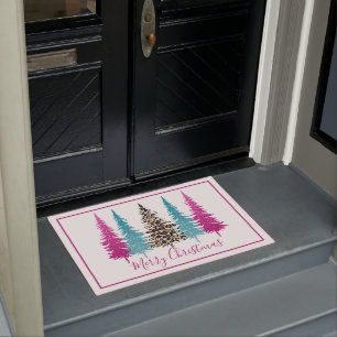 Modern Turquoise and Pink Christmas Tree Doormat