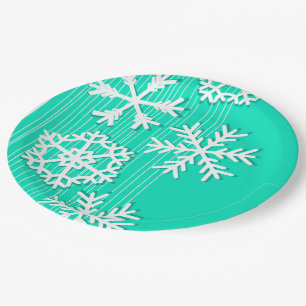 Modern turquoise and white Christmas snowflakes Paper Plate