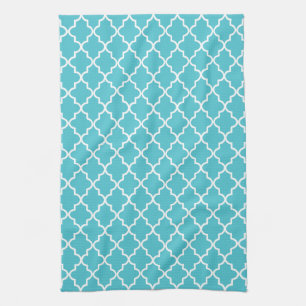 Modern Turquoise and White Moroccan Quatrefoil Tea Towel