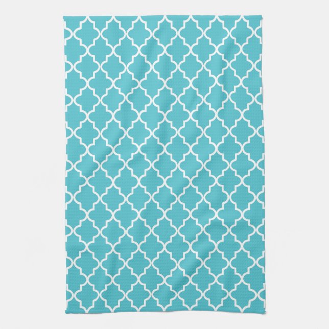 Modern Turquoise and White Moroccan Quatrefoil Tea Towel (Vertical)