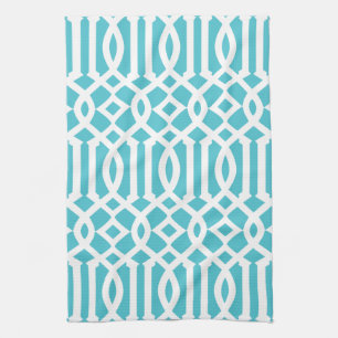 Modern Turquoise and White Trellis Pattern Tea Towel
