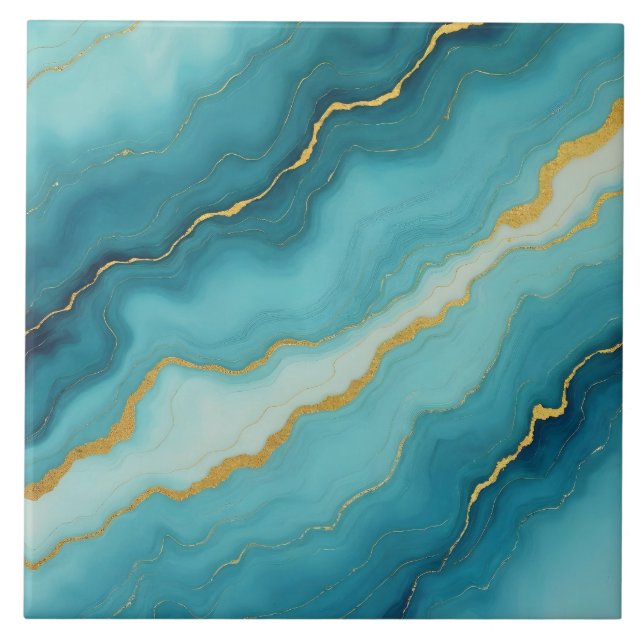 Modern Turquoise Blue Gold Marble Collection Tile (Front)