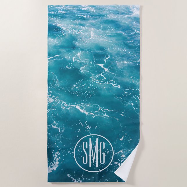 Modern Turquoise Blue Ocean Waves Pattern Monogram Beach Towel (Front)