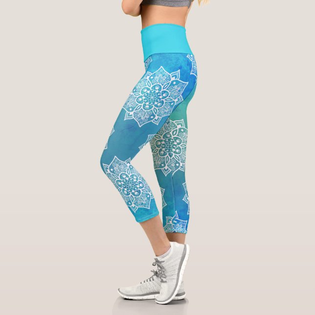 Modern turquoise blue ombre watercolor mandala capri leggings (Left)