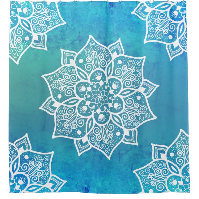 Modern turquoise blue ombre watercolor mandala shower curtain (Front)