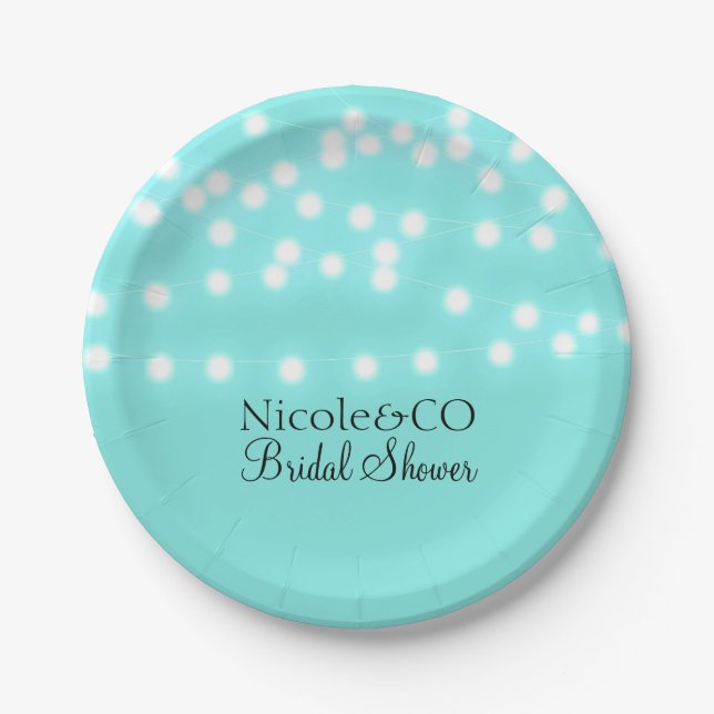 Modern Turquoise Blue & String Lights Elegant Paper Plate (Front)