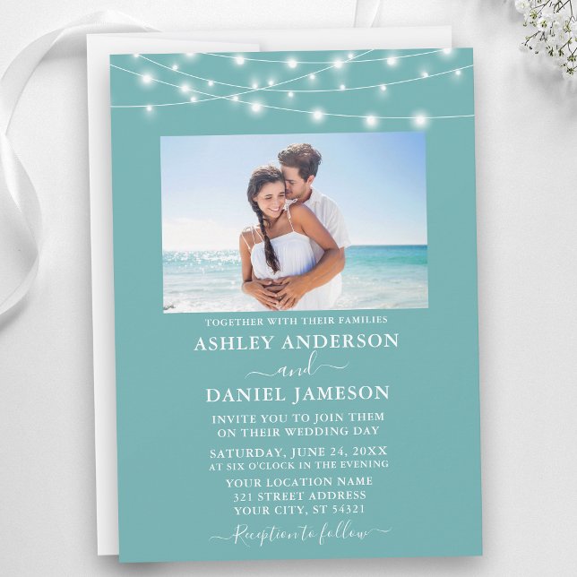 Modern Turquoise Blue String Lights Photo Wedding Invitation (Customize to add more text to back of card.)