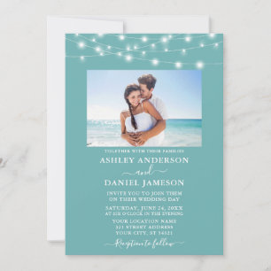 Modern Turquoise Blue String Lights Photo Wedding Invitation