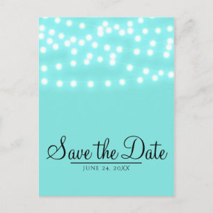 Modern Turquoise Blue String Lights Save the Date Announcement Postcard