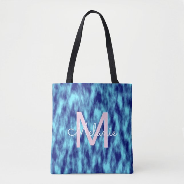 Modern turquoise blue tie dye name monogram tote bag (Front)