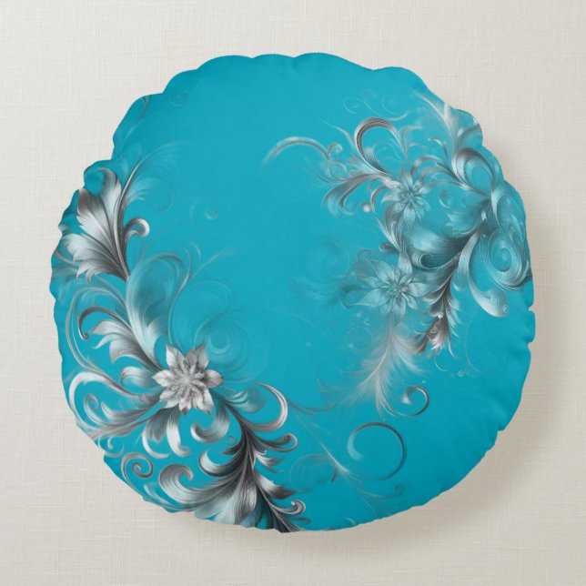 Modern Turquoise Blue with Ornate Silver Round Cushion (Front)