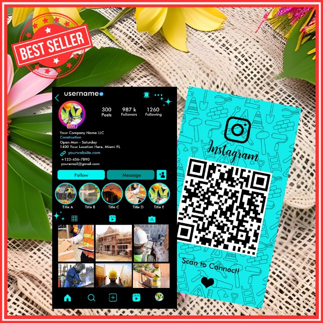 Modern Turquoise Building & Construction Instagram Business Card (Creator Uploaded)