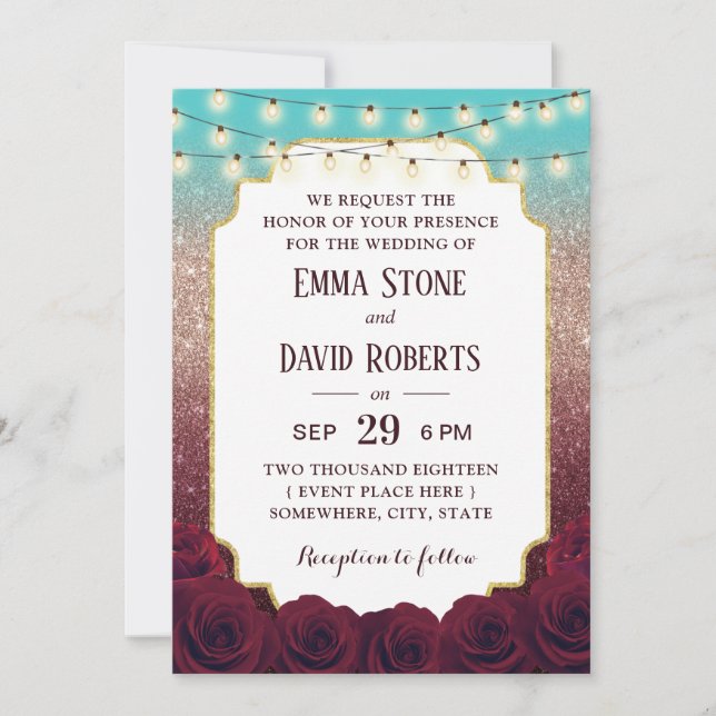 Modern Turquoise Burgundy Rose Gold Ombre Wedding Invitation (Front)