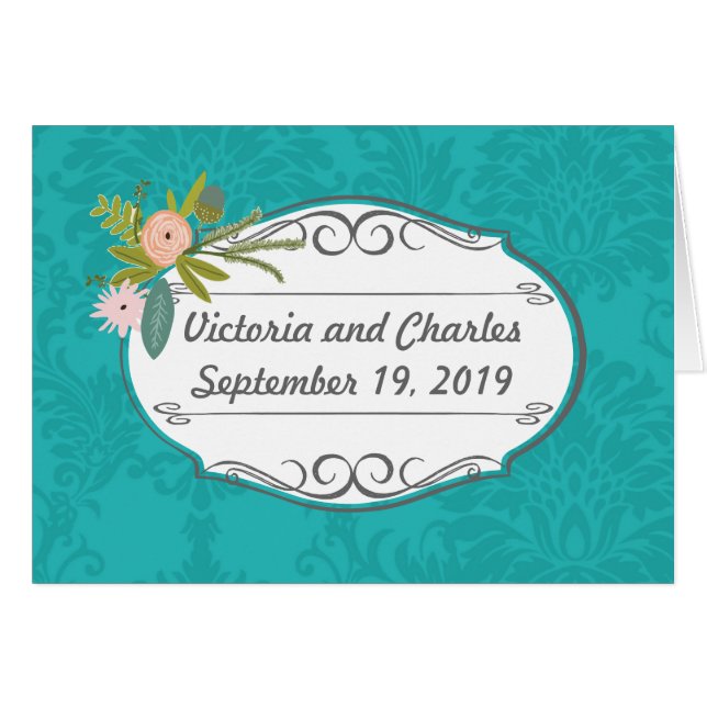 Modern Turquoise  Chartreuse Damask Wedding (Front Horizontal)