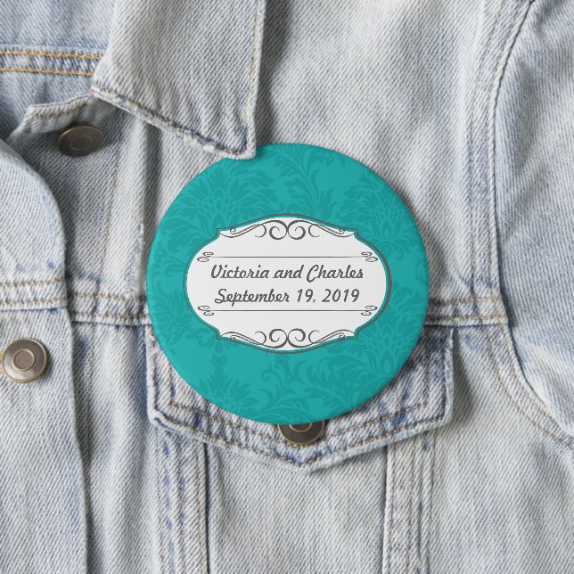 Modern Turquoise  Chartreuse Damask Wedding 10 Cm Round Badge (In Situ)