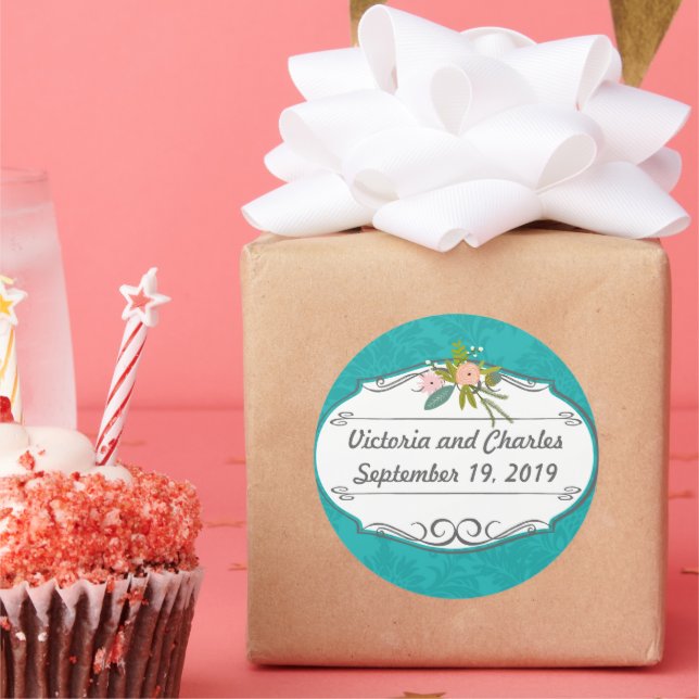 Modern Turquoise  Chartreuse Damask Wedding Classic Round Sticker (Party)