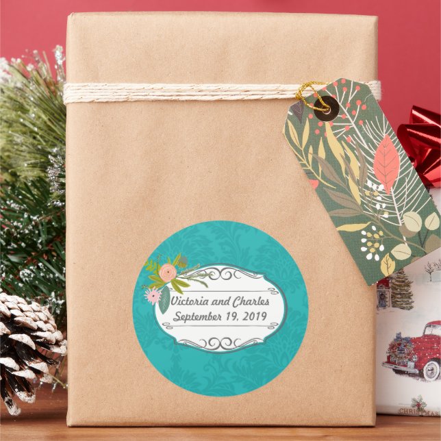 Modern Turquoise  Chartreuse Damask Wedding Classic Round Sticker (Holiday)