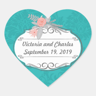 Modern Turquoise Chartreuse Damask Wedding Heart Sticker