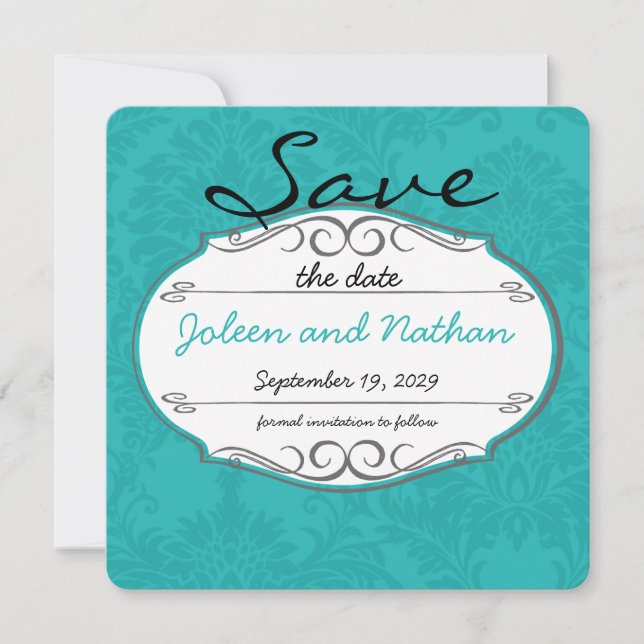 Modern Turquoise  Chartreuse Damask Wedding Invitation (Front)