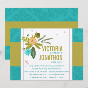 Modern Turquoise  Chartreuse Damask Wedding Invitation