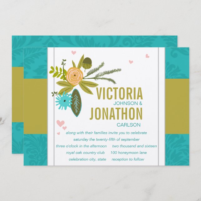 Modern Turquoise  Chartreuse Damask Wedding Invitation (Front/Back)