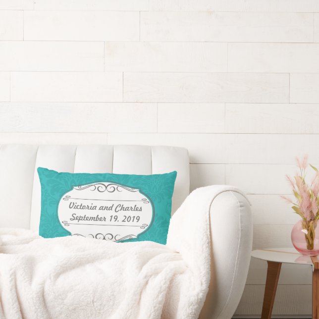 Modern Turquoise  Chartreuse Damask Wedding Lumbar Cushion (Couch)