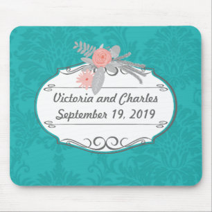 Modern Turquoise  Chartreuse Damask Wedding Mouse Mat