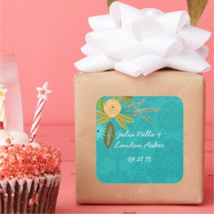 Modern Turquoise  Chartreuse Damask Wedding Square Sticker