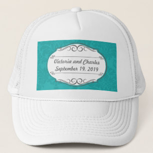 Modern Turquoise  Chartreuse Damask Wedding Trucker Hat
