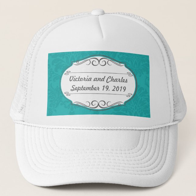 Modern Turquoise  Chartreuse Damask Wedding Trucker Hat (Front)