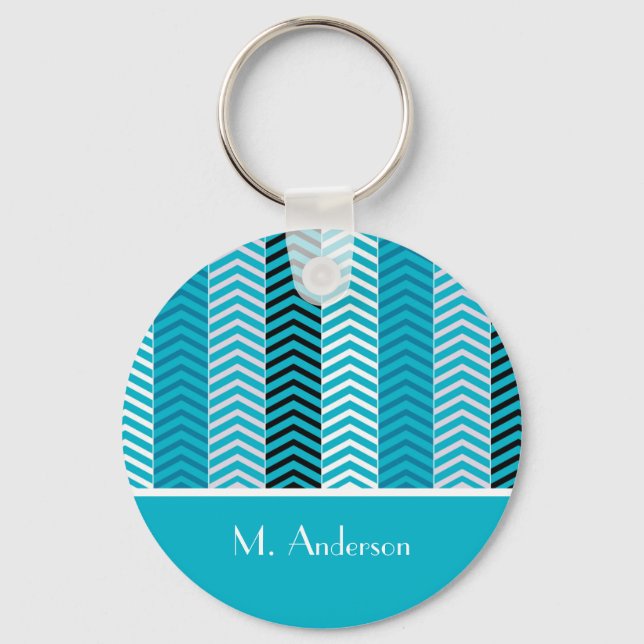 Modern Turquoise Chevron Stripes With Name Key Ring (Front)