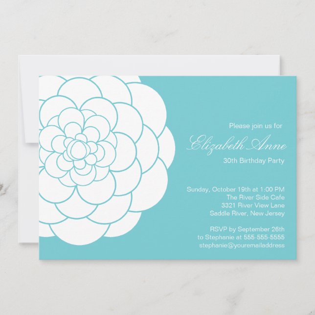 Modern Turquoise Dahlia Bloom Birthday Party Invitation (Front)
