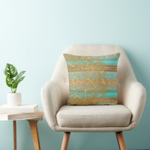 Modern Turquoise Faux Gold Glitter Stripes Pattern Cushion