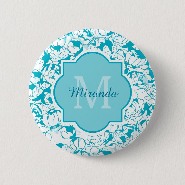 Modern Turquoise Floral Girly Monogram With Name 6 Cm Round Badge (Front)
