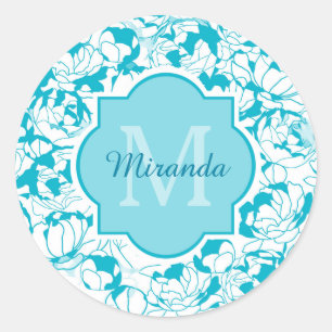Modern Turquoise Floral Girly Monogram With Name Classic Round Sticker