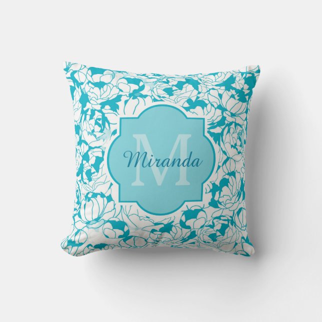 Modern Turquoise Floral Girly Monogram With Name Cushion (Front)