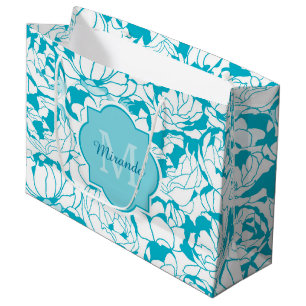 Modern Turquoise Floral Girly Monogram With Name Large Gift Bag