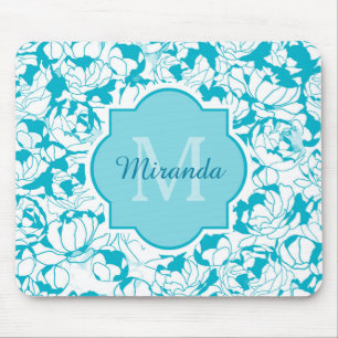 Modern Turquoise Floral Girly Monogram With Name Mouse Mat