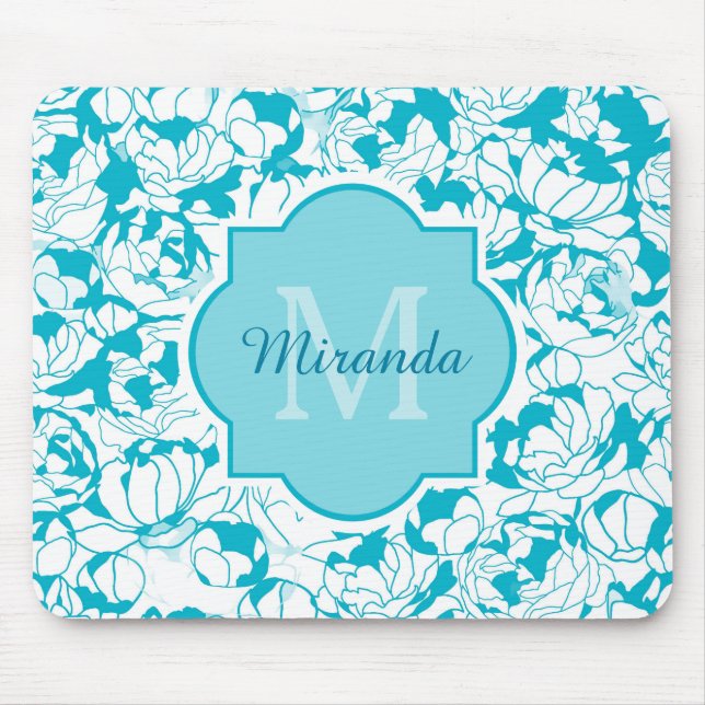 Modern Turquoise Floral Girly Monogram With Name Mouse Mat (Front)