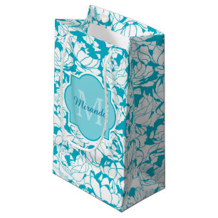 Modern Turquoise Floral Girly Monogram With Name Small Gift Bag
