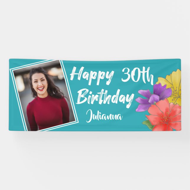 Modern Turquoise Floral Happy 30th Birthday Photo Banner (Horizontal)