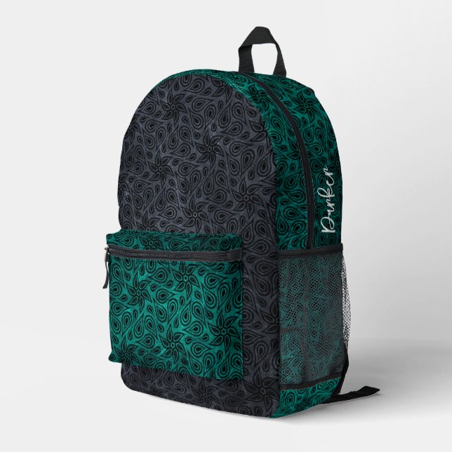   Modern Turquoise Floral Paisley Pattern Add Name Printed Backpack (Back Corner Right)