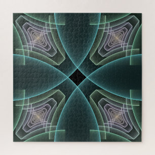 Modern Turquoise Geometric Fractal Art Graphic Jigsaw Puzzle