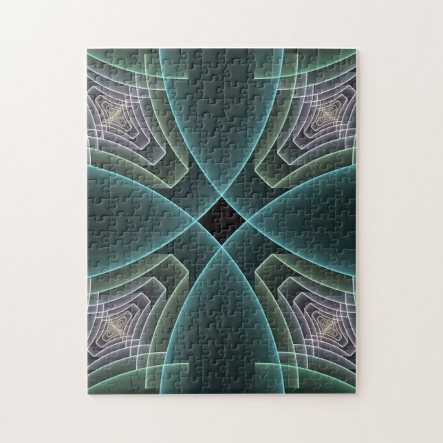 Modern Turquoise Geometric Fractal Art Graphic Jigsaw Puzzle (Vertical)