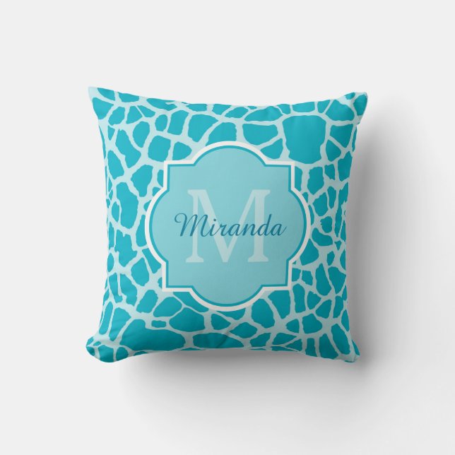 Modern Turquoise Giraffe Print Monogram With Name Cushion (Front)